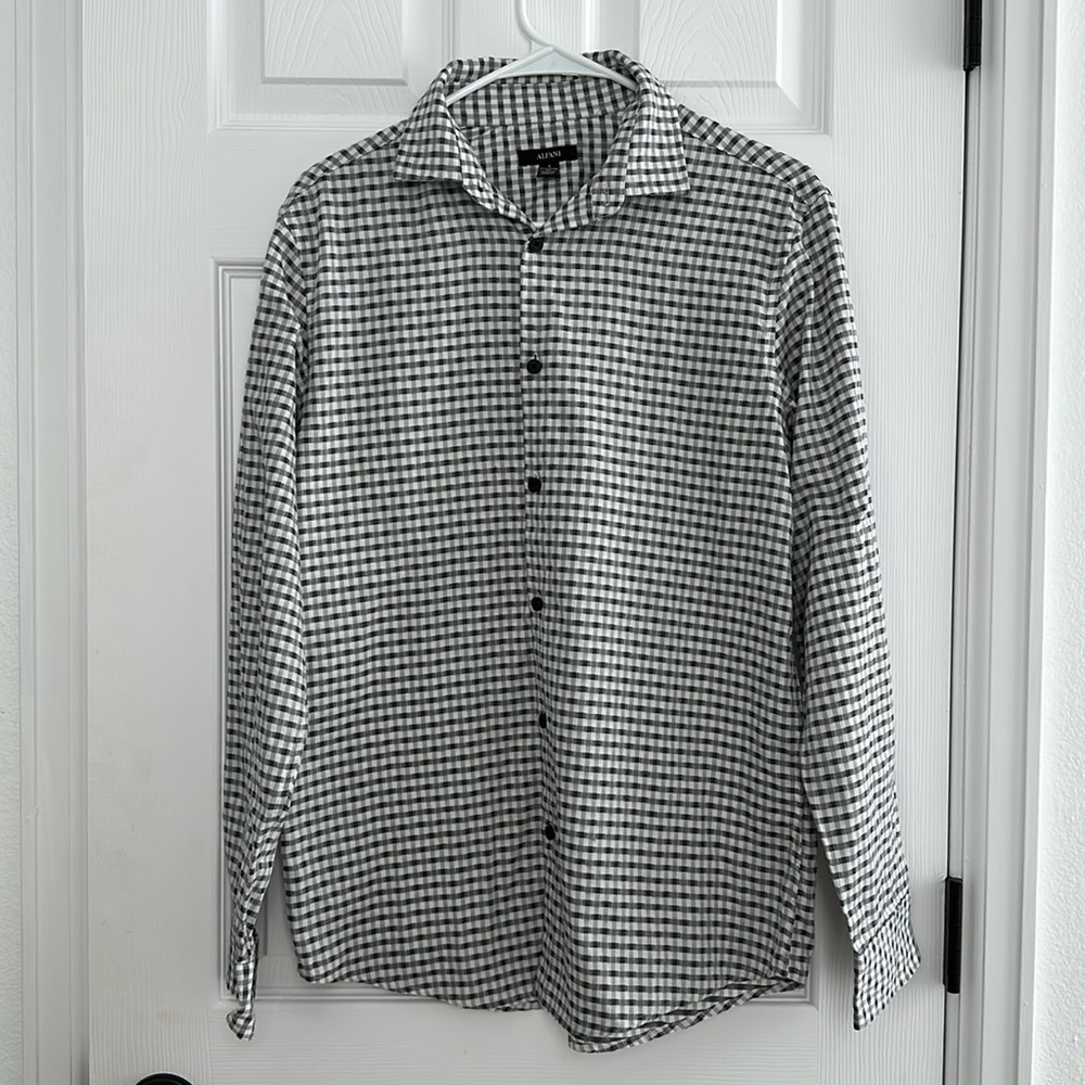 Alfani Dress Shirt Men’s Small black white Checkered buttons long-sleeve slim